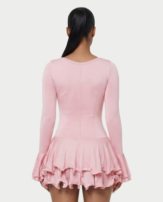 NADIA V-Neck Asymmetric Long Sleeve Ruffle Mini Dress