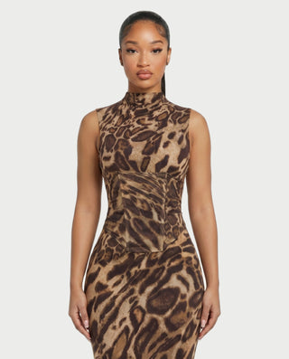 VENESIA Leopard Print Lace-Up Corset Maxi Dress