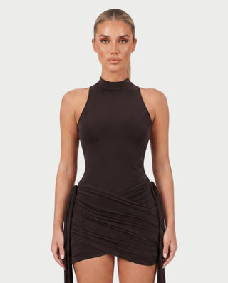SALMA Mock Neck Draped Side-Tie Bodycon Mini Dress