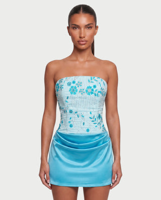 LYLIA Floral Beaded Strapless Corset Satin Mini Dress