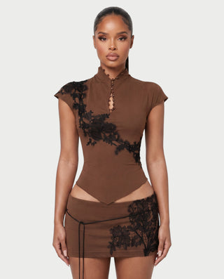 CECELIA Mandarin Collar Lace Top & Mini Skirt Set