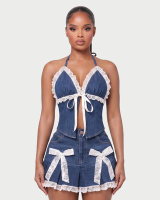 RIVIERA Lace-Trim Denim Halter Top & Pleated Mini Skirt Set