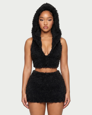 CALLIS Faux Fur Hooded Deep V Crop Top & Mini Skirt Set