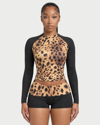 ADAIR Leopard Print Contrast Long Sleeve Top & Mini Shorts Set