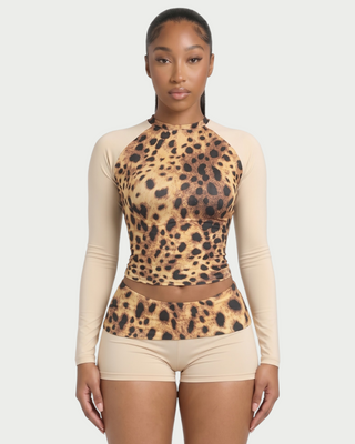 ADAIR Leopard Print Contrast Long Sleeve Top & Mini Shorts Set