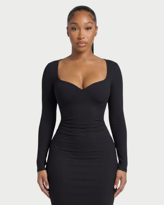 CORA Ribbed Knit Sweetheart Square Neck Midi Dress
