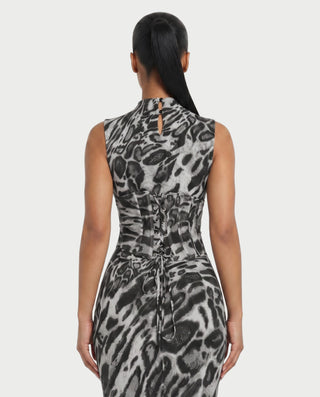 VENESIA Leopard Print Lace-Up Corset Maxi Dress