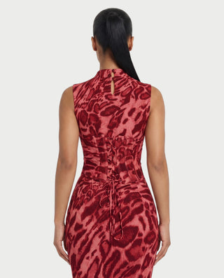 VENESIA Leopard Print Lace-Up Corset Maxi Dress