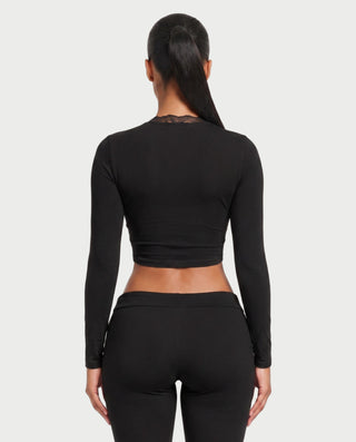 ZEINARA Lace Trim Tie-Front Long Sleeve Crop Top