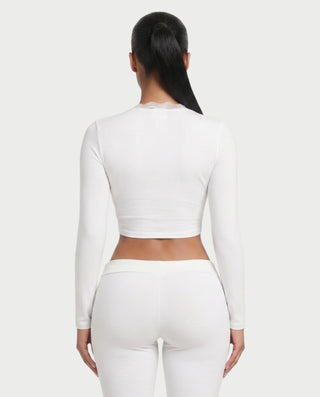 ZEINARA Lace Trim Tie-Front Long Sleeve Crop Top