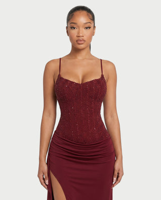 AISAH Embellished Cami Ruched High-Slit Maxi Dress