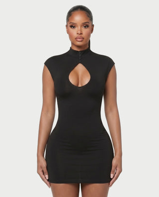 HAZILYA Button Neck Cutout Cap Sleeve Mini Dress