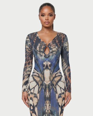 SANDARA Butterfly Print Ring-Detail Bodycon Maxi Dress