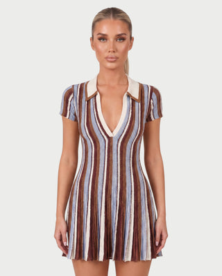 KAZMINA Polo Collar Striped Knit Flare Mini Dress