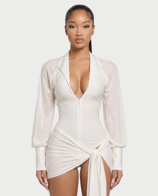 NARRI Deep V-Neck Ruched Draped Lace-Up Back Mini Dress