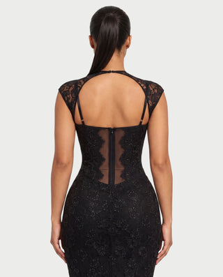 SAFIRA Lace Cap-Sleeve Cutout Sheer-Panel Bodycon Maxi Dress