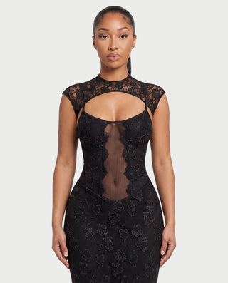 SAFIRA Lace Cap-Sleeve Cutout Sheer-Panel Bodycon Maxi Dress
