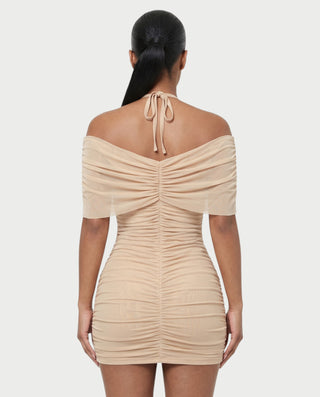 VANE Halter Neck Off-Shoulder Ruched Bodycon Mini Dress