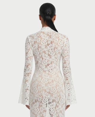 MAZE Floral Lace Crisscross Long-Sleeve High-Slit Maxi Dress