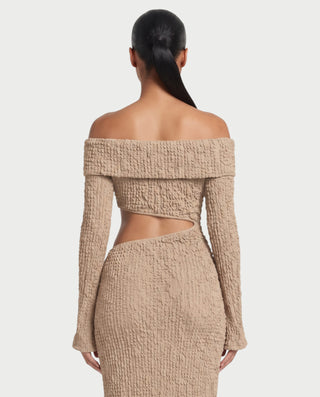 ADARNA Off-Shoulder Long Sleeve Cutout Textured Bodycon Maxi Dress