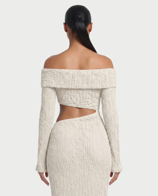 ADARNA Off-Shoulder Long Sleeve Cutout Textured Bodycon Maxi Dress