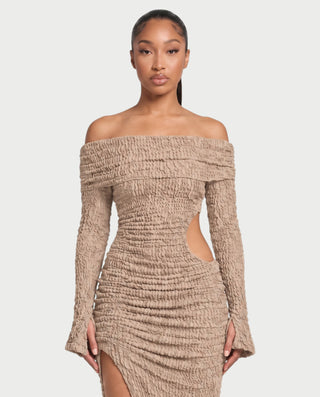 ADARNA Off-Shoulder Long Sleeve Cutout Textured Bodycon Maxi Dress