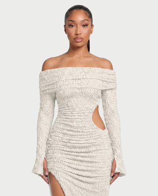 ADARNA Off-Shoulder Long Sleeve Cutout Textured Bodycon Maxi Dress