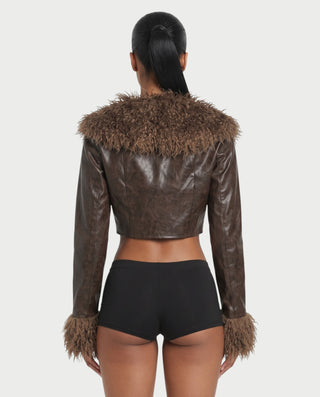 ADALEE Faux Leather Bolero Crop Jacket with Shaggy Fur Detailing
