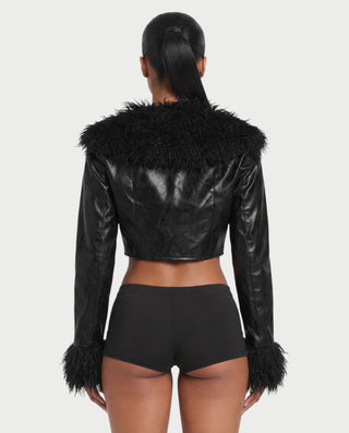 ADALEE Faux Leather Bolero Crop Jacket with Shaggy Fur Detailing