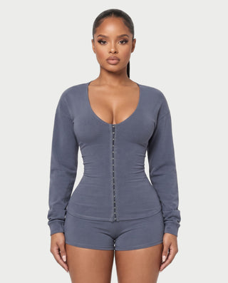 OBRINA Scoop Neck Long Sleeve Top & Bodycon Shorts Set