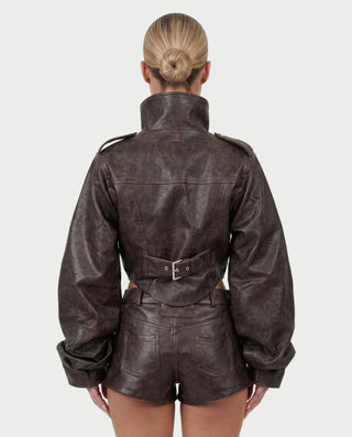 YUINA Faux Leather Balloon Sleeve Jacket & High-Waist Shorts Set