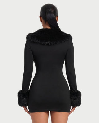 NANIA Faux Fur Trim Long Sleeve Bodycon Mini Dress