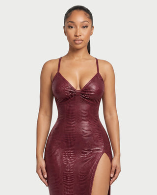 NICOLA Croc-Embossed Faux Leather High-Slit Maxi Dress