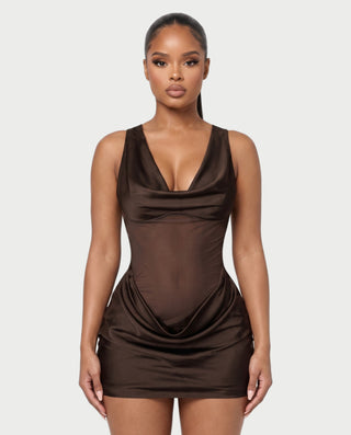 AVIGAIL Cowl Neck Sheer Mesh Draped Satin Mini Dress