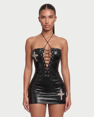 AIMARA Crocodile Texture Lace-Up Front Mini Dress