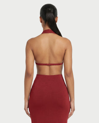MARYLIN Draped Halter Deep V Side Cutout Maxi Dress