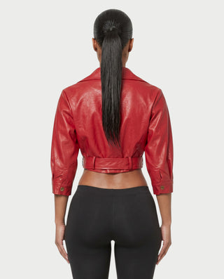 ARDEN Cropped Faux Leather Moto Jacket with Belted Waist