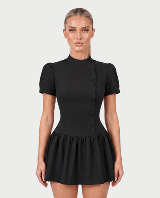 MIRIANA Plaid Mock Neck Puff Sleeve Button Detail Mini Dress