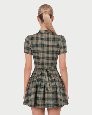 MIRIANA Plaid Mock Neck Puff Sleeve Button Detail Mini Dress