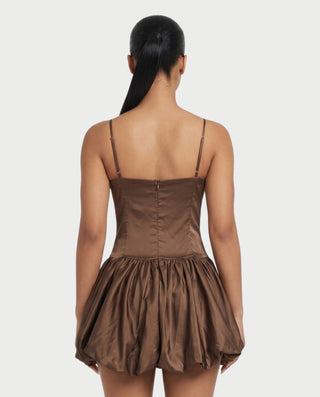 ADRIELA Satin Spaghetti Strap Drop Waist Bubble Mini Dress