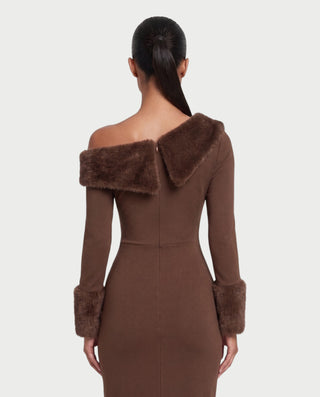 MAIRE Long Sleeve Faux Fur Cuff Fitted Maxi Dress