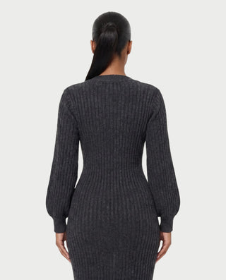 KIVA V-Neck Ribbed Knit Balloon Sleeve Maxi Dress