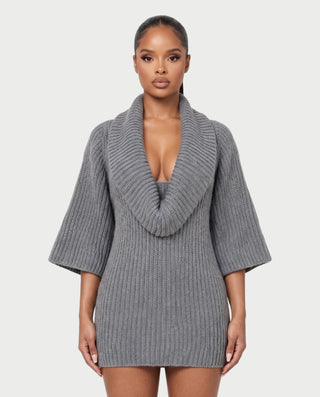 MERIDIAN Cowl Neck Wide Sleeve Ribbed Knit Mini Dress
