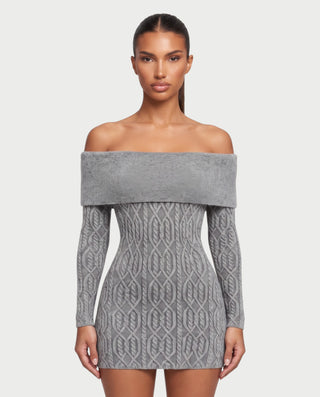 COLLIER Fold-Over Bardot Neck Knit Mini Dress