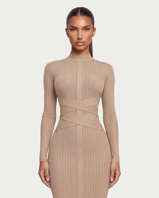 MEDDA Mock Neck Long Sleeve Ribbed Bodycon Wrap Midi Dress