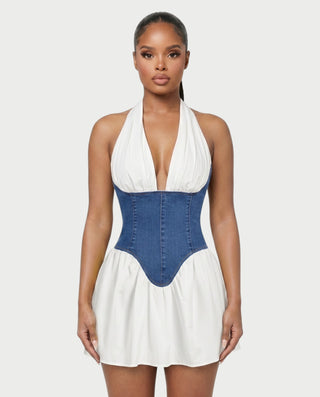 BEA Denim Corset Halter Flare Mini Dress