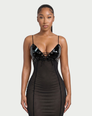 KYLAR Faux Leather Lace-Up Deep V Mesh Maxi Dress