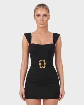 LENNOX Square Neck Gold Buckle Belted Mini Dress
