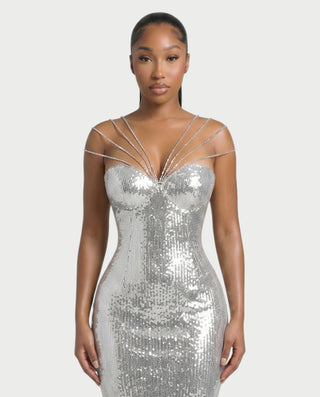 MAVEN Beaded Chain Sequin Maxi Dress