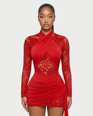 MARLOW Halter Cross Neck Lace Draped Mini Dress